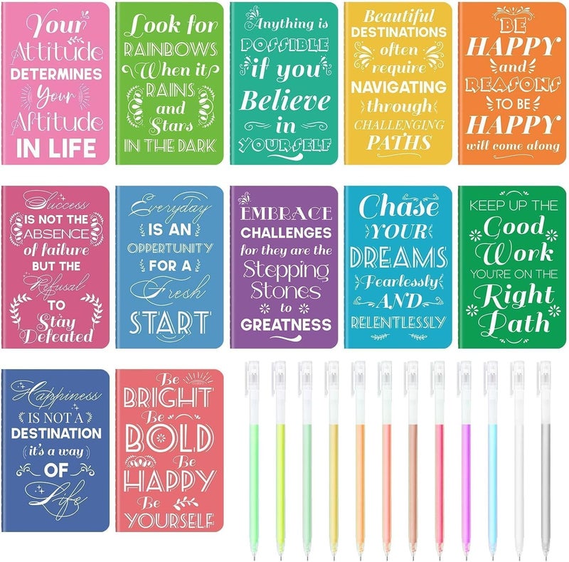 OMEYA 12 Pcs Mini Inspirational Notebooks Bulk with 12 Pcs Colorful Pens, Small Pocket Journal Notepads Set, Motivational Bulk Gifts for Women Men Teacher Student, Fun School Office Supplies, 3.5" x 5.5" - Image 1